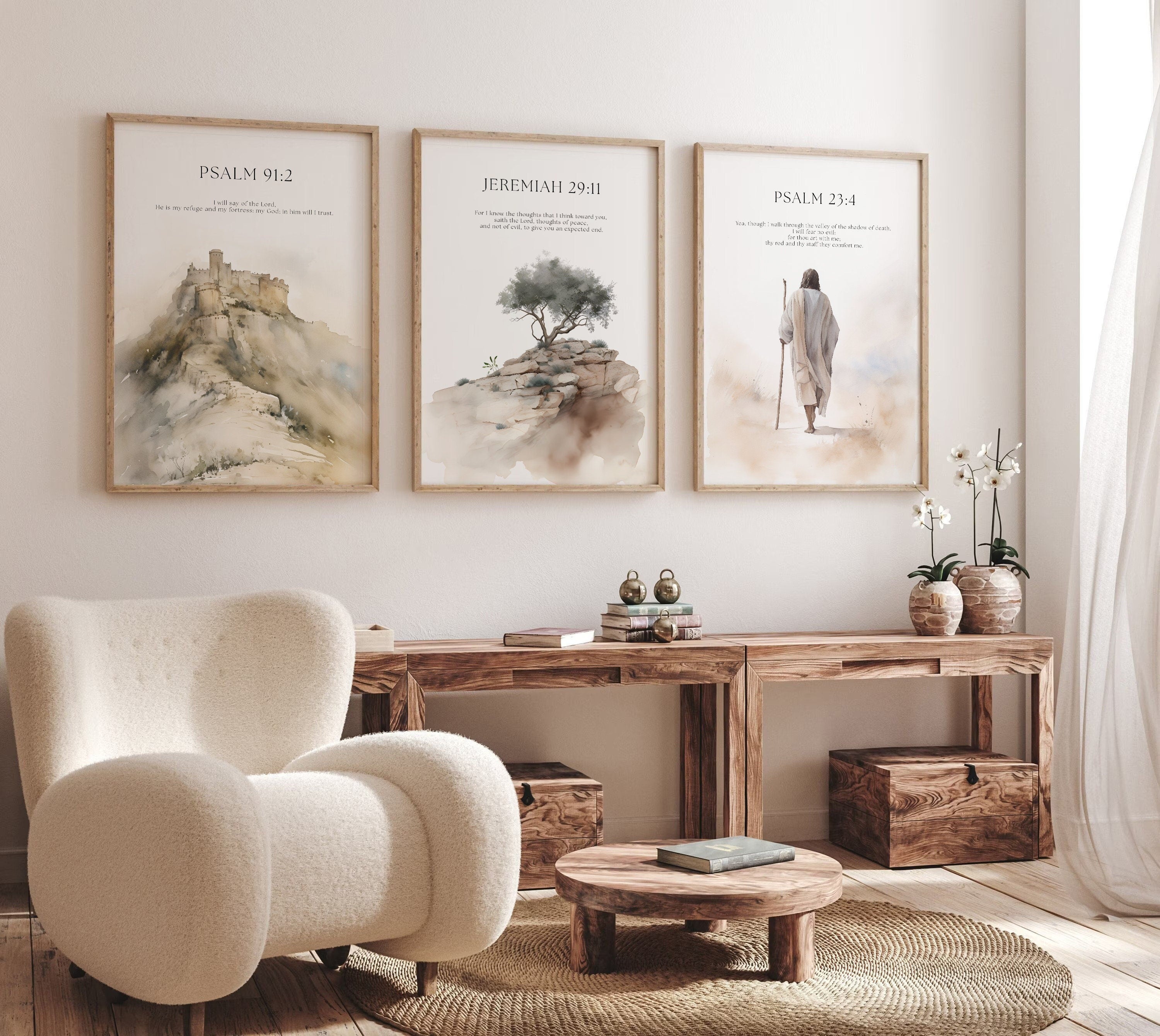 Set of 3 Bible Verse, Psalm 23:4, Jeremiah 29:11, Psalm 91:2, Jesus Painting, Print, Jesus Portrait, Jesus Wall Art, Inspirational Quotes